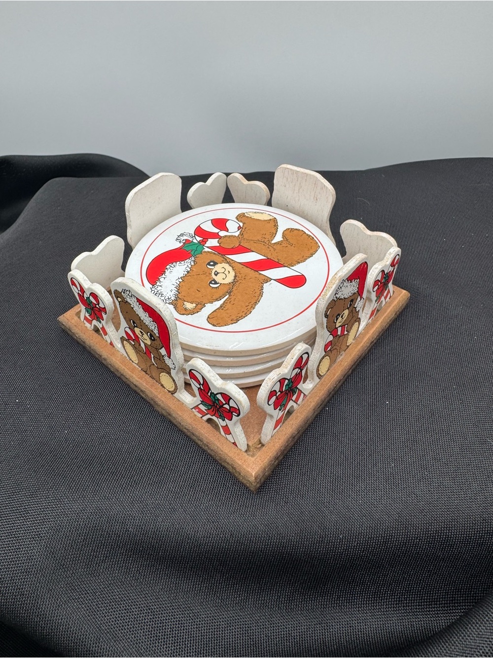 Holiday Teddy Bear Wooden Coaster Set - White and Brown